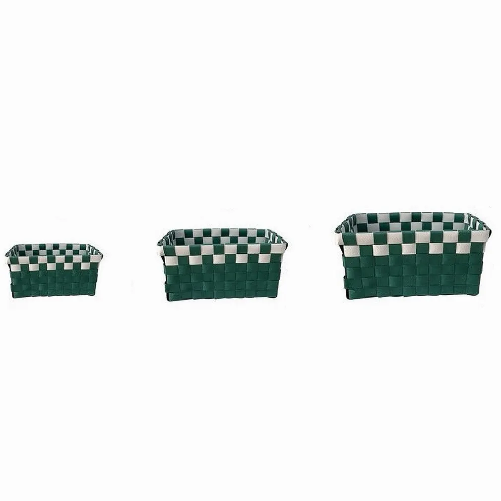 SET 3 CESTINI PORTAOGGETTI ORGANIZER TESSUTO BAGNO RETTANGOLARI VERDE BIANCO 59084