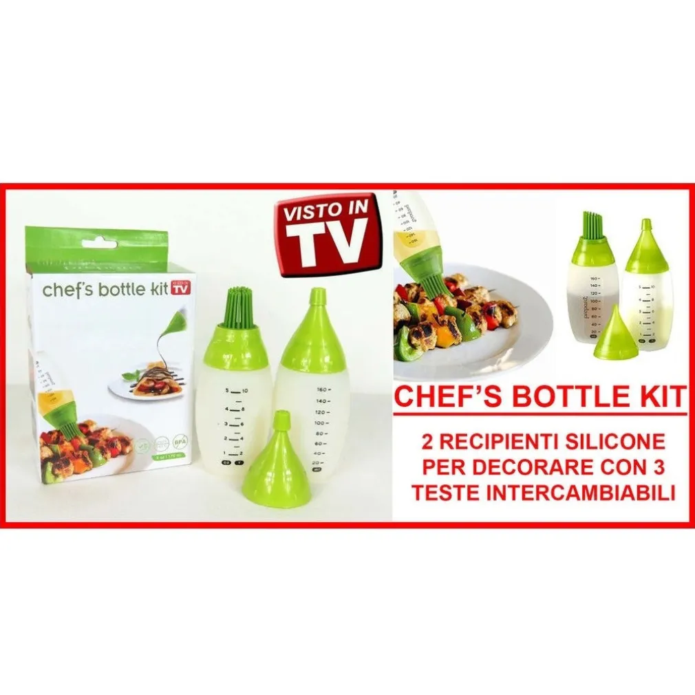 SET 2 CHEF'S BOTTLE CONTENITORI SILICONE 3 DECORI PENNELLO DECORARE DOLCI TORTE
