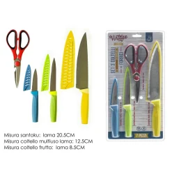 SET 3 COLTELLI CHEF FRUTTA MULTIUSO CON COPRILAMA + FORBICI IN ACCIAIO UTENSILI DA CUCINA