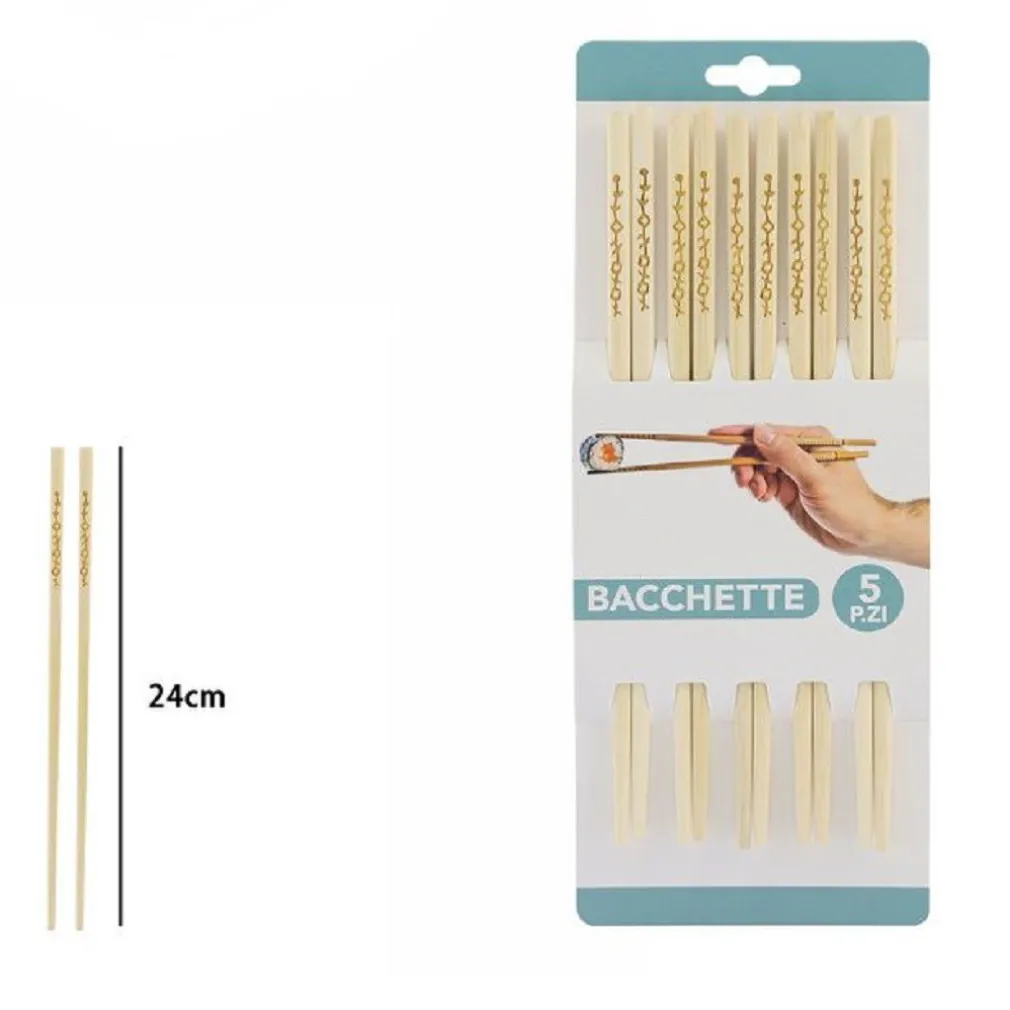 SET 5 COPPIE 10 BACCHETTE LEGNO CINESI GIAPPONESI POSATE CUCINA 24CM INCISE 74191