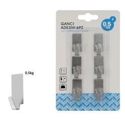 SET 6 GANCI APPENDINI ADESIVI PARETE CUCINA BAGNO ATTACCAPANNI RETTANGOLARI 59665