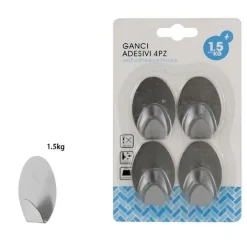 SET 4 GANCI APPENDINI ADESIVI PARETE CASA CUCINA BAGNO ATTACCAPANNI OVALI 59662