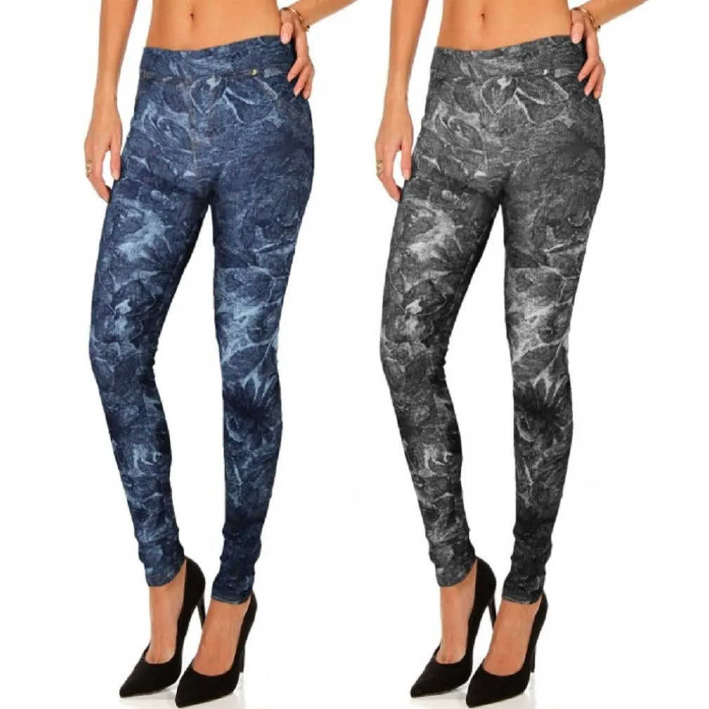 SET 2 LEGGINGS STILE DENIM MOD. ALISYA CON TRAMA FLOREALE E TASCHE