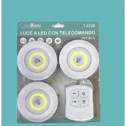SET 3 LUCI LED COB CON TELECOMANDO LUCE REGOLABILE LAMPADA DISCO ARMADIO TX-9728