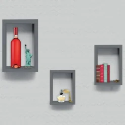 SET 3 MENSOLE DA MURO A PARETE DESIGN MODERNO CUBO RETTANGOLARE IN LEGNO GRIGIO
