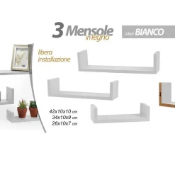 SET 3 MENSOLE PARETE IN LEGNO COLOR BIANCO MODERNE DESIGN BORDI SCAFFALE 621710