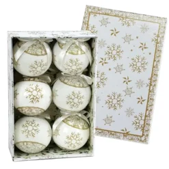 SET 6 PALLINE NATALIZIE FIOCCO DI NEVE ORO 7,5CM CON NASTRO DECORAZIONI NATALE