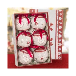 SET 6 PALLINE NATALIZIE STAMPA CUORE STELLE 7,5CM CON NASTRO DECORAZIONI NATALE