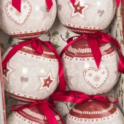 SET 6 PALLINE NATALIZIE STAMPA CUORE STELLE 7,5CM CON NASTRO DECORAZIONI NATALE