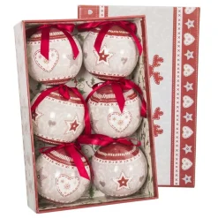 SET 6 PALLINE NATALIZIE STAMPA CUORE STELLE 7,5CM CON NASTRO DECORAZIONI NATALE