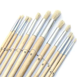 SET 12 PENNELLI PENNELLO PUNTA TONDA MANICO LEGNO LUNGO PITTURA ARTE DECOUPAGE