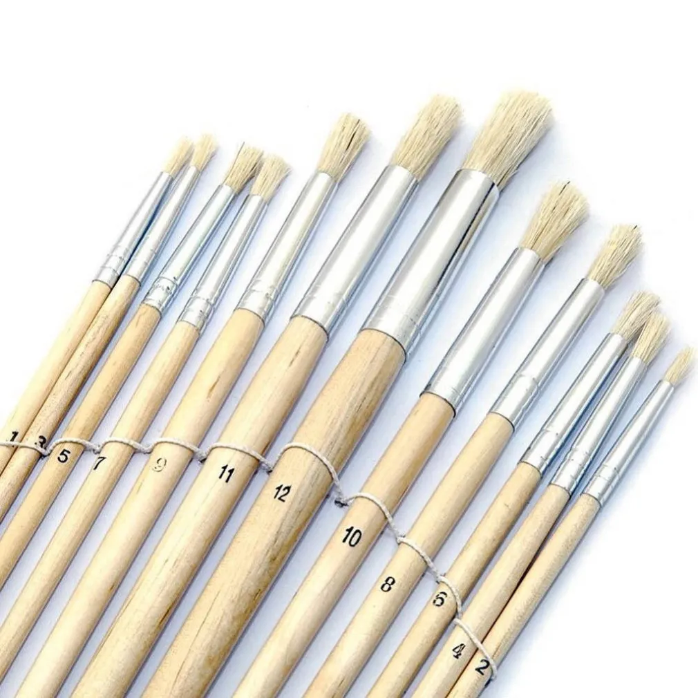 SET 12 PENNELLI PENNELLO PUNTA TONDA MANICO LEGNO LUNGO PITTURA ARTE DECOUPAGE