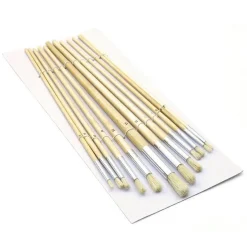 SET 12 PENNELLI PENNELLO PUNTA TONDA MANICO LEGNO LUNGO PITTURA ARTE DECOUPAGE