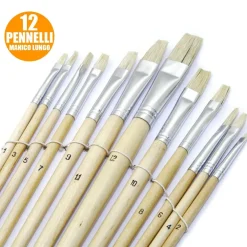 SET 12 PENNELLI PIATTI MANICO LEGNO LUNGO SPESSORE 1-12MM HOBBY PITTURA