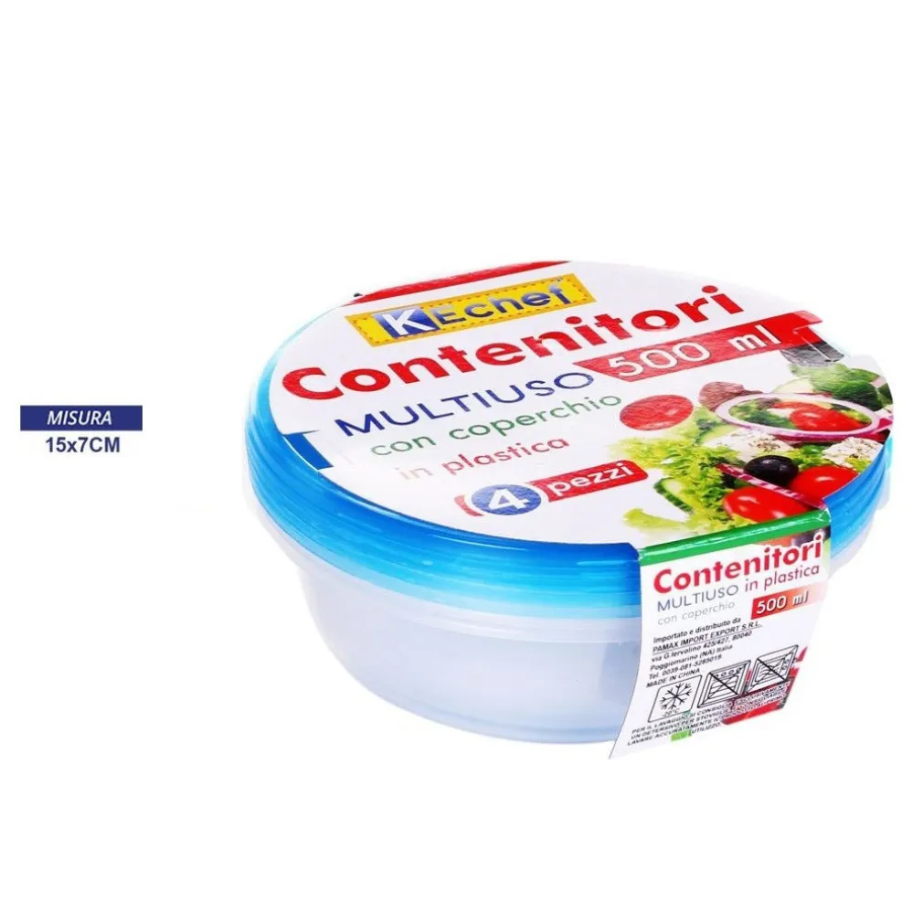 SET 4 PEZZI CONTENITORI MULTIUSO TONDO CON COPERCHIO IN PLASTICA 500 ML CUCINA
