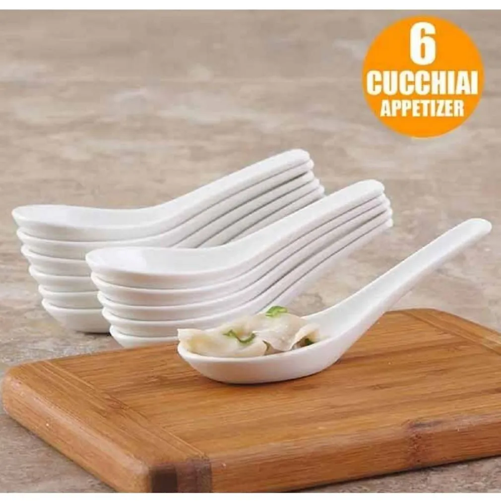 SET 6 PEZZI CUCCHIAINI PER ANTIPASTO APERITIVO IN CERAMICA BIANCA 2 X 4 X 12,5CM