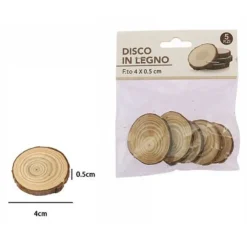 SET 5 PEZZI DISCHI DISCO DI LEGNO DECORATIVO PER ORNAMENTO 4X0.5CM ROTONDO 72106