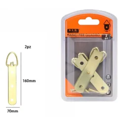 SET 2 PEZZI GANCI DORATI PER QUADRI CORNICI APPENDERE PARETE 70 X 160 MM 07515
