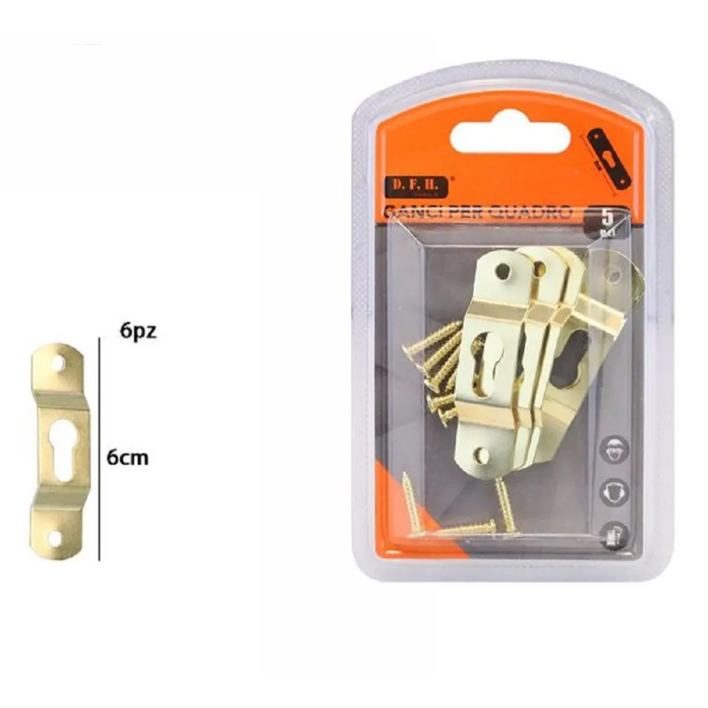 SET 6 PEZZI GANCI DORATI PER QUADRI QUADRO CORNICI APPENDERE PARETE 6 CM 07521