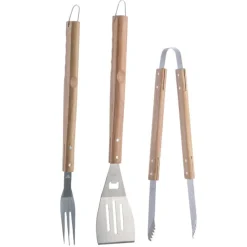 SET 3 PEZZI UTENSILI BARBECUE IN ACCIAIO E LEGNO ACCESSORI ATTREZZI BBQ TOOLS