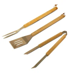SET 3 PEZZI UTENSILI BARBECUE IN ACCIAIO E LEGNO ACCESSORI ATTREZZI BBQ TOOLS