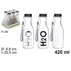 SET 6 PZ BOTTIGLIA D'ACQUA H2O VETRO TRASPARENTE 420ML BORRACCIA LACCETTO 109286