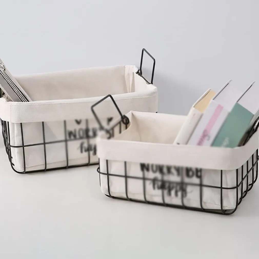 SET 2 PZ CESTINI IN METALLO CON RIVESTIMENTO TESSUTO PORTA OGGETTI MANICI 10628