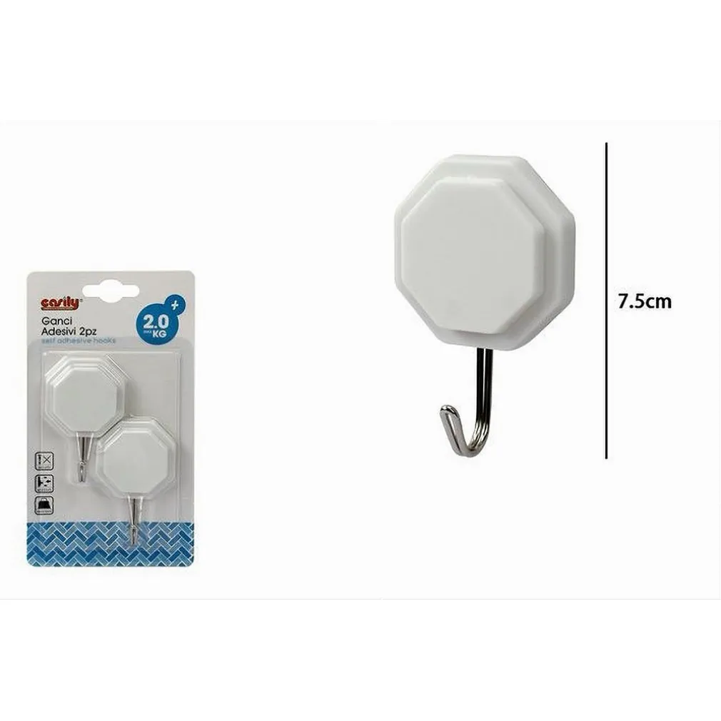 SET 2 PZ GANCI ADESIVI ATTACCAPANNI DA PARETE FORMA OTTAGONALE CASA 7.5 CM 79335