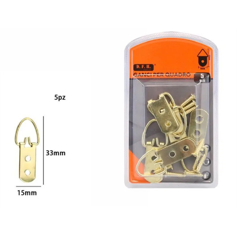 SET 5 PZ GANCI GANCETTI DORATI PER QUADRI CORNICI APPENDERE PARETE 33X15MM 07514