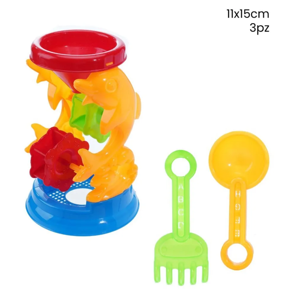 SET 3 PZ GIOCO DA SPIAGGIA MARE CON MULINO A DELFINI PALETTA RASTRELLO 11X15CM 258278