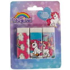 SET 3 PZ GOMME PER CANCELLARE MAGICO UNICORNO PER SCUOLA REGALO FESTA BAMBINE 737984
