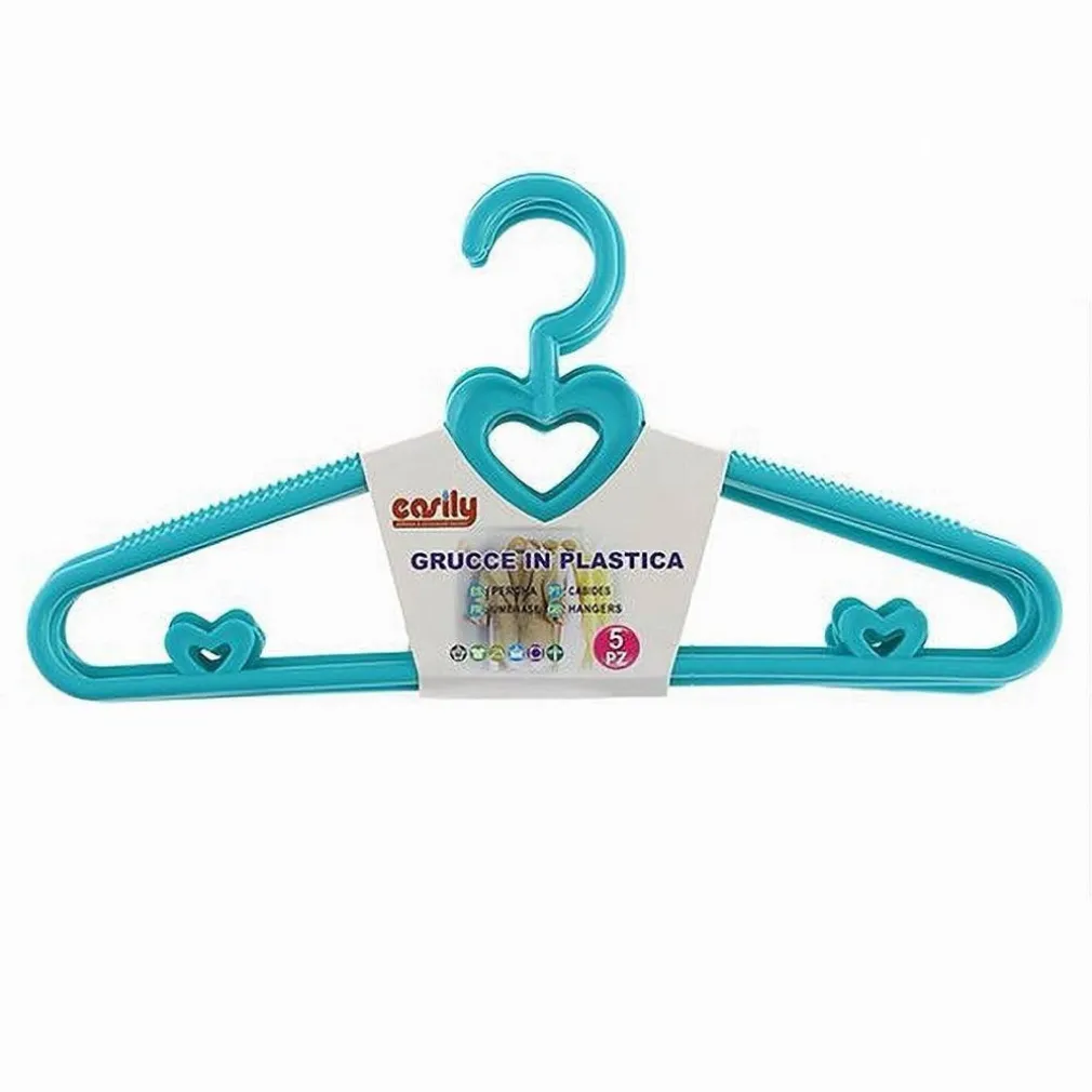 SET 5 PZ GRUCCE STAMPELLE CON CUORI APPENDIABITI PLASTICA CELESTE VESTITI 87678