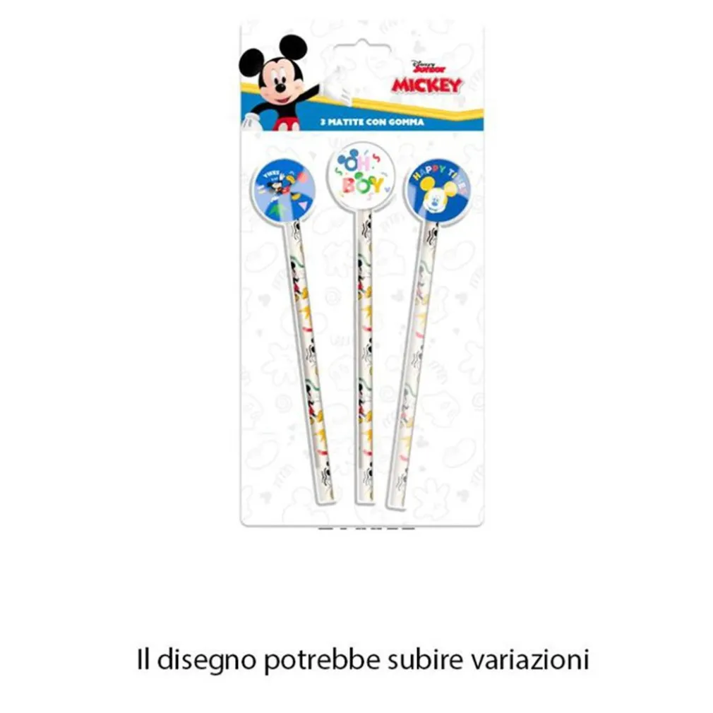 SET 3 PZ MATITE CON GOMMA TEMA TOPOLINO ACCESSORI PER DISEGNO SCUOLA BAMBINI 955470