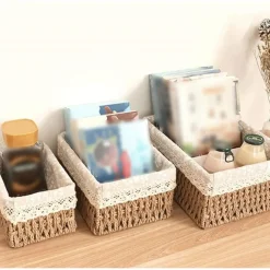 SET 3 PZ PORTA OGGETTI ORGANIZER CESTINO INTRECCIATO CON FODERA IN TESSUTO 79158