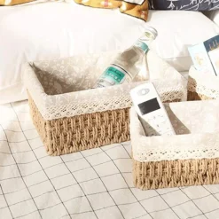 SET 3 PZ PORTA OGGETTI ORGANIZER CESTINO INTRECCIATO CON FODERA IN TESSUTO 79158