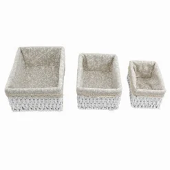 SET 3 PZ PORTA OGGETTI ORGANIZER CESTINO BIANCO INTRECCIATO FODERA TESSUTO 79156