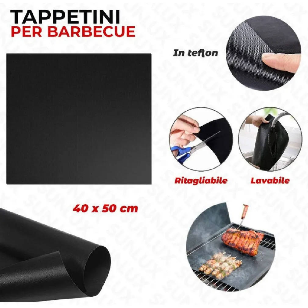 SET 6 PZ TAPPETINI IN TEFLON PER GRIGLIA BARBECUE 40X50CM RIUTILIZZABILI 7823805