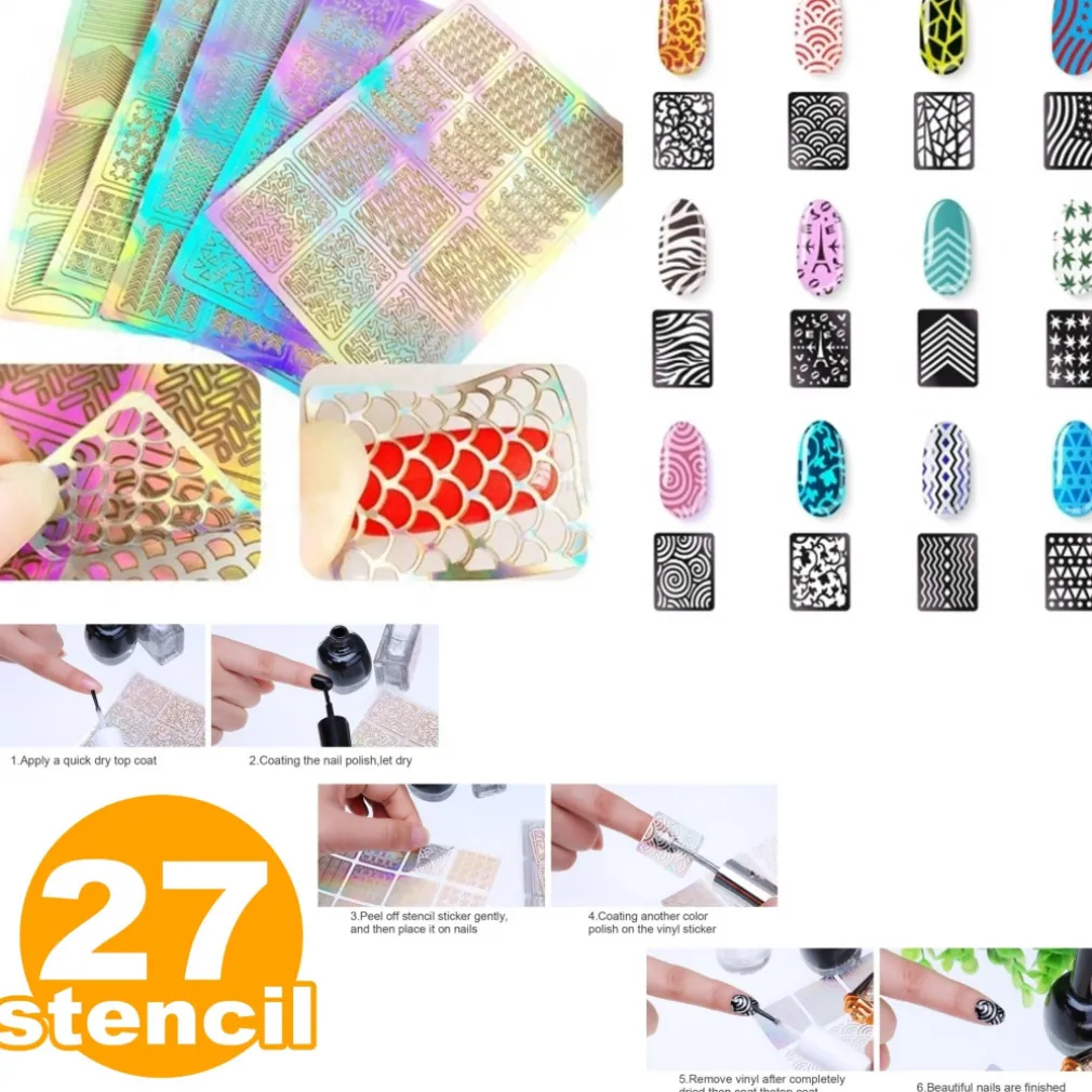 SET 27 STENCIL STAMPINO DISEGNI UNGHIE ADESIVI NAIL ART MANICURE DECORAZIONE