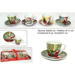 SET 6 TAZZINE TAZZE CAFFÈ CON PIATTINI CERAMICA DECORATA FANTASIA NATALE