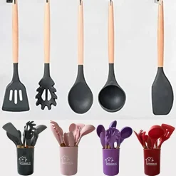 SET 12 UTENSILI DA CUCINA IN SILICONE CON MANICO LEGNO ANTIADERENTI RESISTENTI