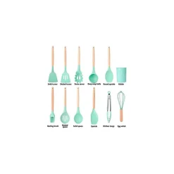 SET 12 UTENSILI DA CUCINA IN SILICONE CON MANICO LEGNO ANTIADERENTI RESISTENTI