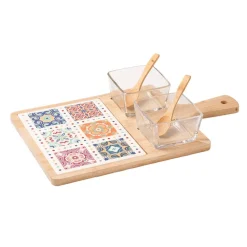 SET ANTIPASTIERA CON 2 CIOTOLE IN VETRO 2 CUCCHIAINI BASE IN BAMBOO CON DECORO MAIOLICA