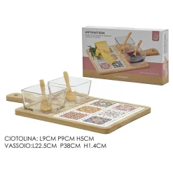 SET ANTIPASTIERA CON 2 CIOTOLE IN VETRO 2 CUCCHIAINI BASE IN BAMBOO CON DECORO MAIOLICA