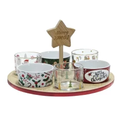 SET ANTIPASTIERA NATALIZIA BASE ROTONDA IN BAMBOO Ø 27 CM CON 6 CIOTOLE ASSORTITE