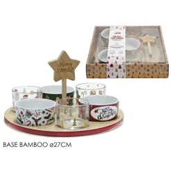 SET ANTIPASTIERA NATALIZIA BASE ROTONDA IN BAMBOO Ø 27 CM CON 6 CIOTOLE ASSORTITE