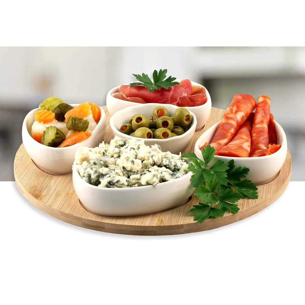 SET ANTIPASTIERA VASSOIO GIREVOLE Ø27CM IN BAMBOO CON 5 CIOTOLE DA PORTATA SNACK APERTIVI