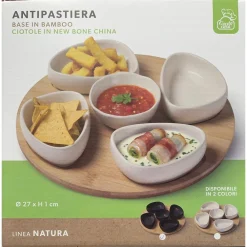 SET ANTIPASTIERA VASSOIO GIREVOLE Ø27CM IN BAMBOO CON 5 CIOTOLE DA PORTATA SNACK APERTIVI
