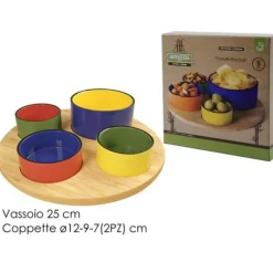 SET APERITIVO 5PZ ANTIPASTIERA CON BASE IN BAMBOO E CIOTOLE IN CERAMICA COLORATE