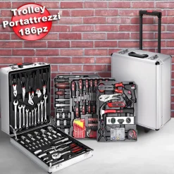 SET ATTREZZI 186PZ TROLLEY VALIGIA PORTATTREZZI CASSETTA PORTAUTENSILI LAVORO