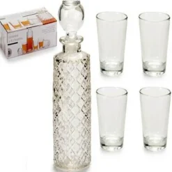 SET BOTTIGLIA IN VETRO INCISA + 4 BICCHIERI BICCHIERINI CHUPITO LIQUORE